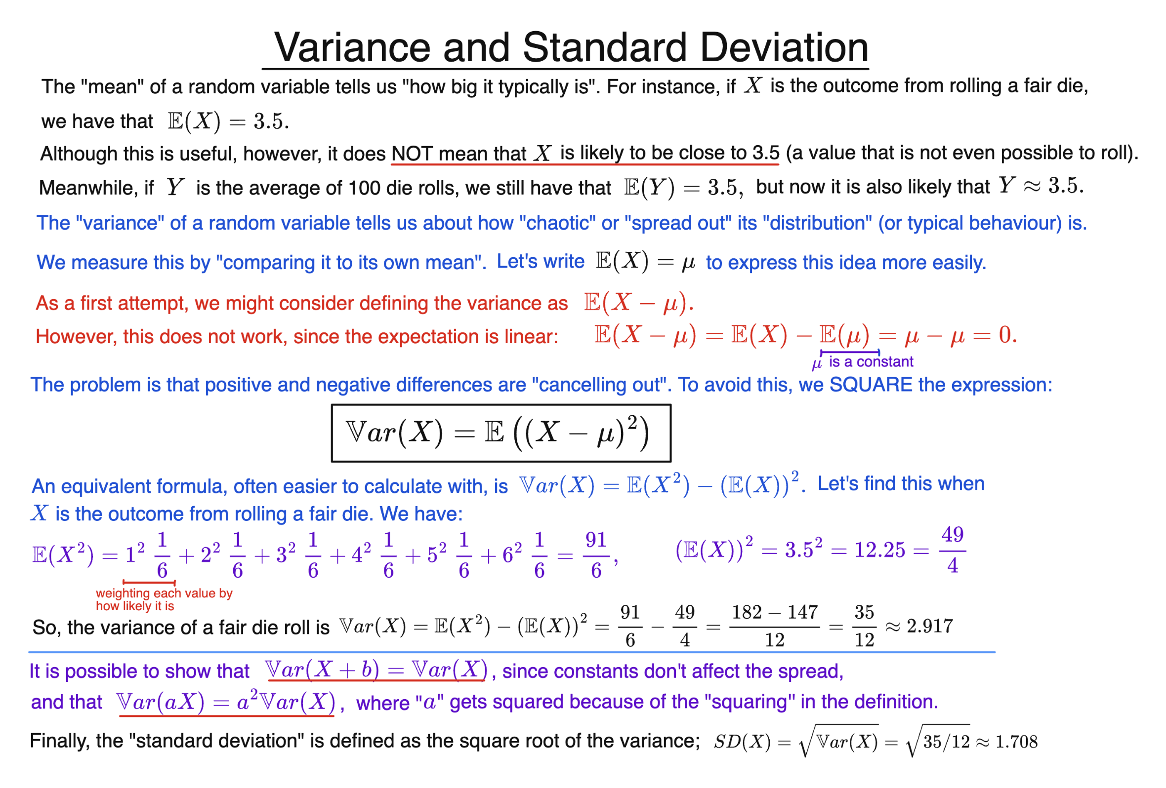 intuitive guide to variance and standard deviation with definition and worked example of the variance of a die roll