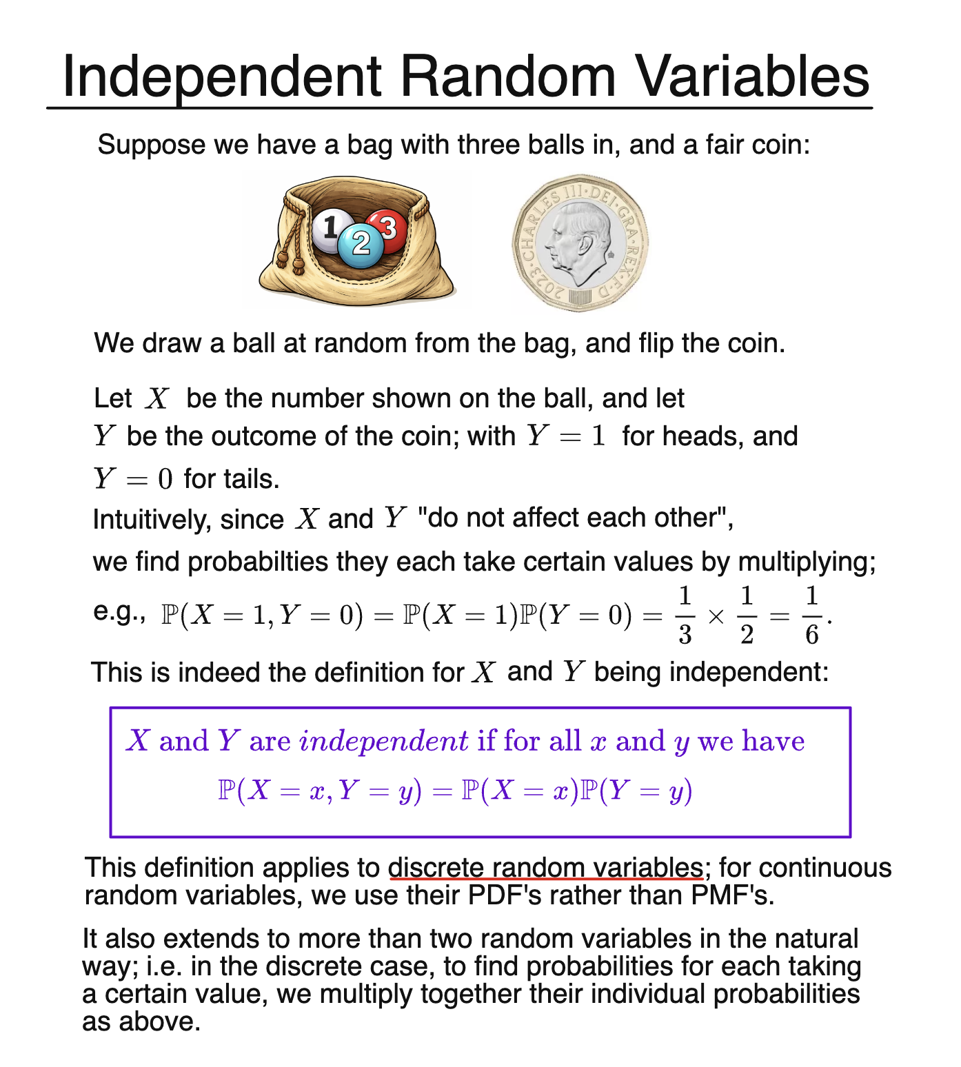 Independence of random variables illustrated with ball and coin example, showing product rule and formal definition