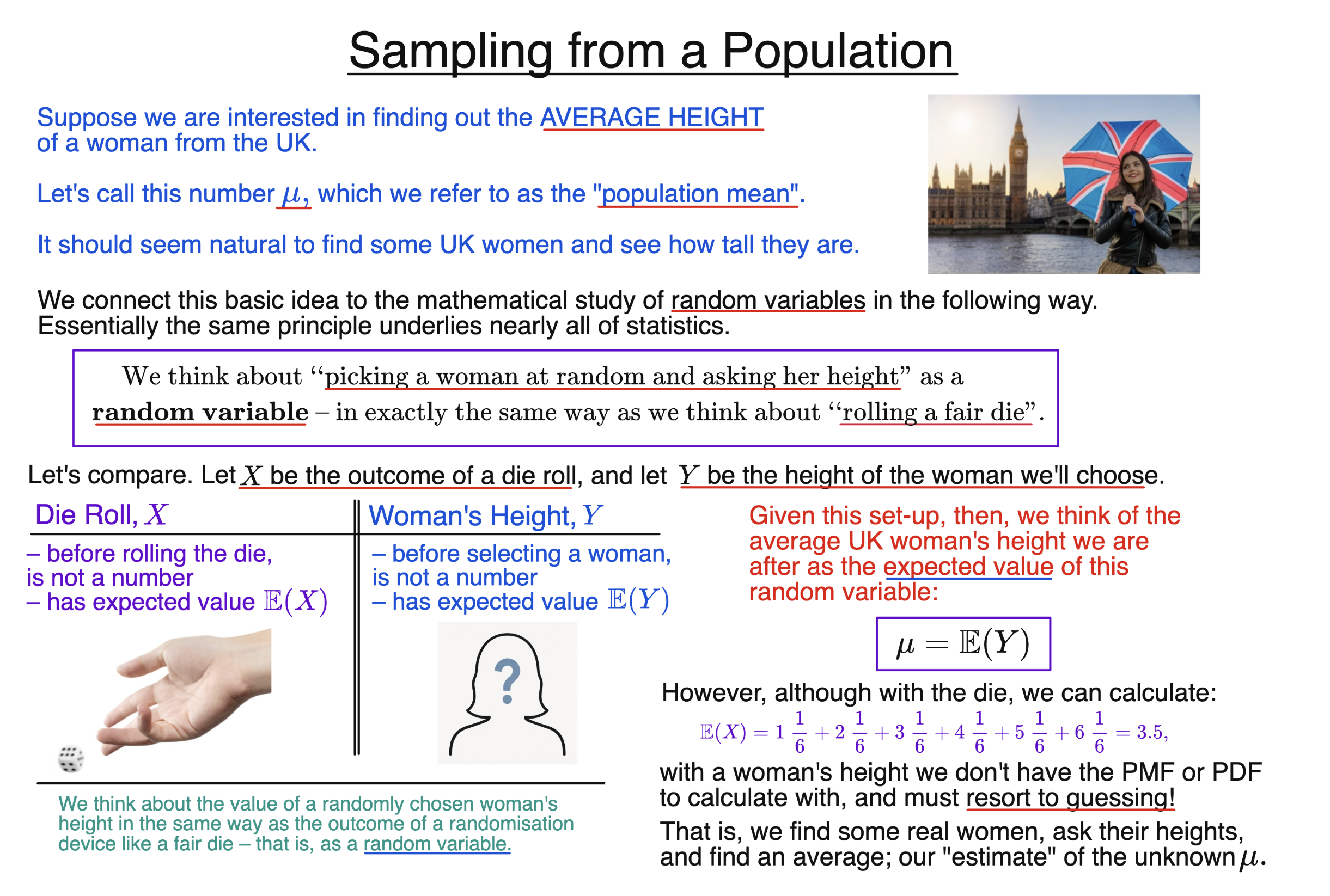 Slide explaining sampling from a population using a random variable example, comparing die rolls and human height