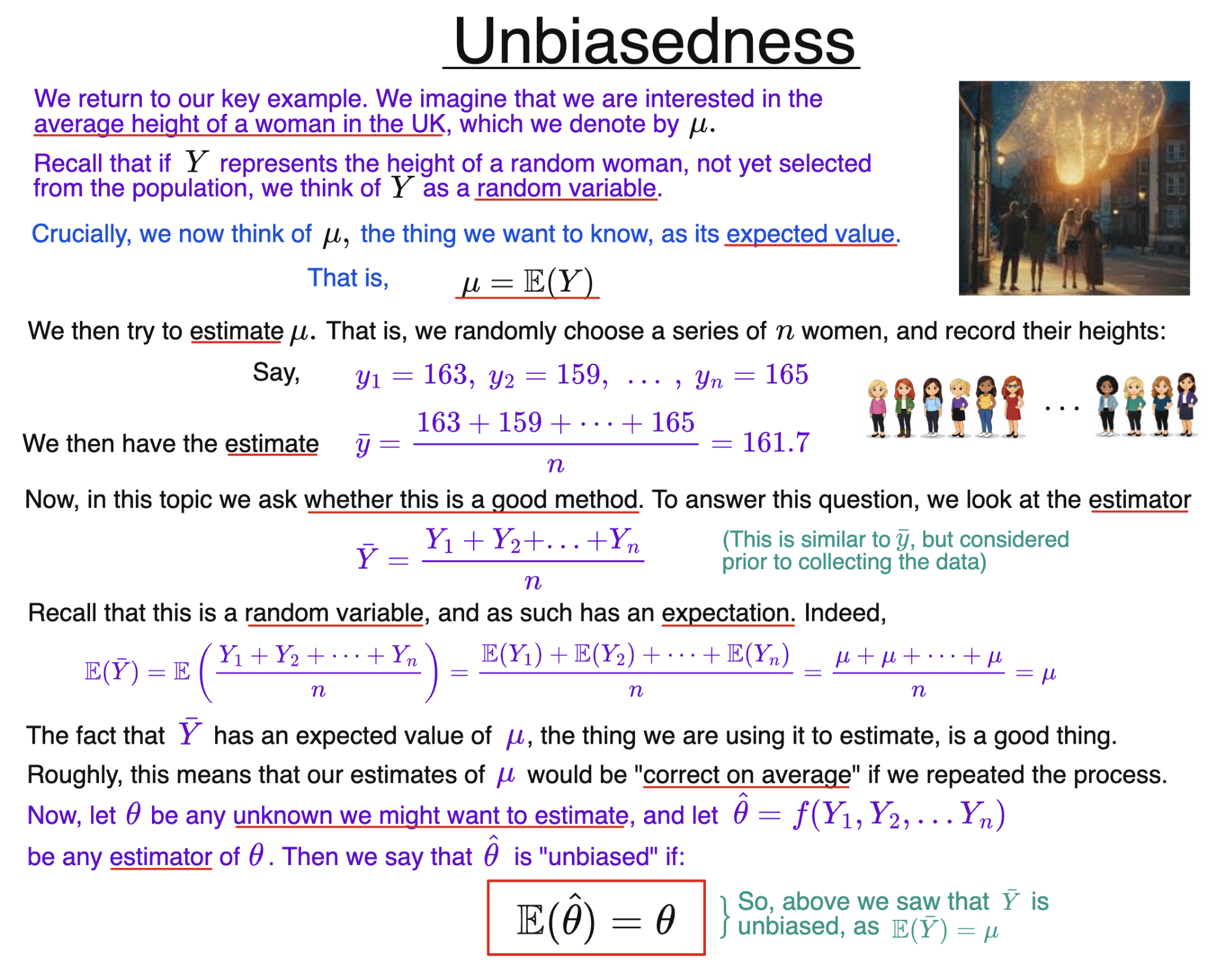 Slide explaining unbiased estimators with definition E(theta-hat)=theta and sample mean example