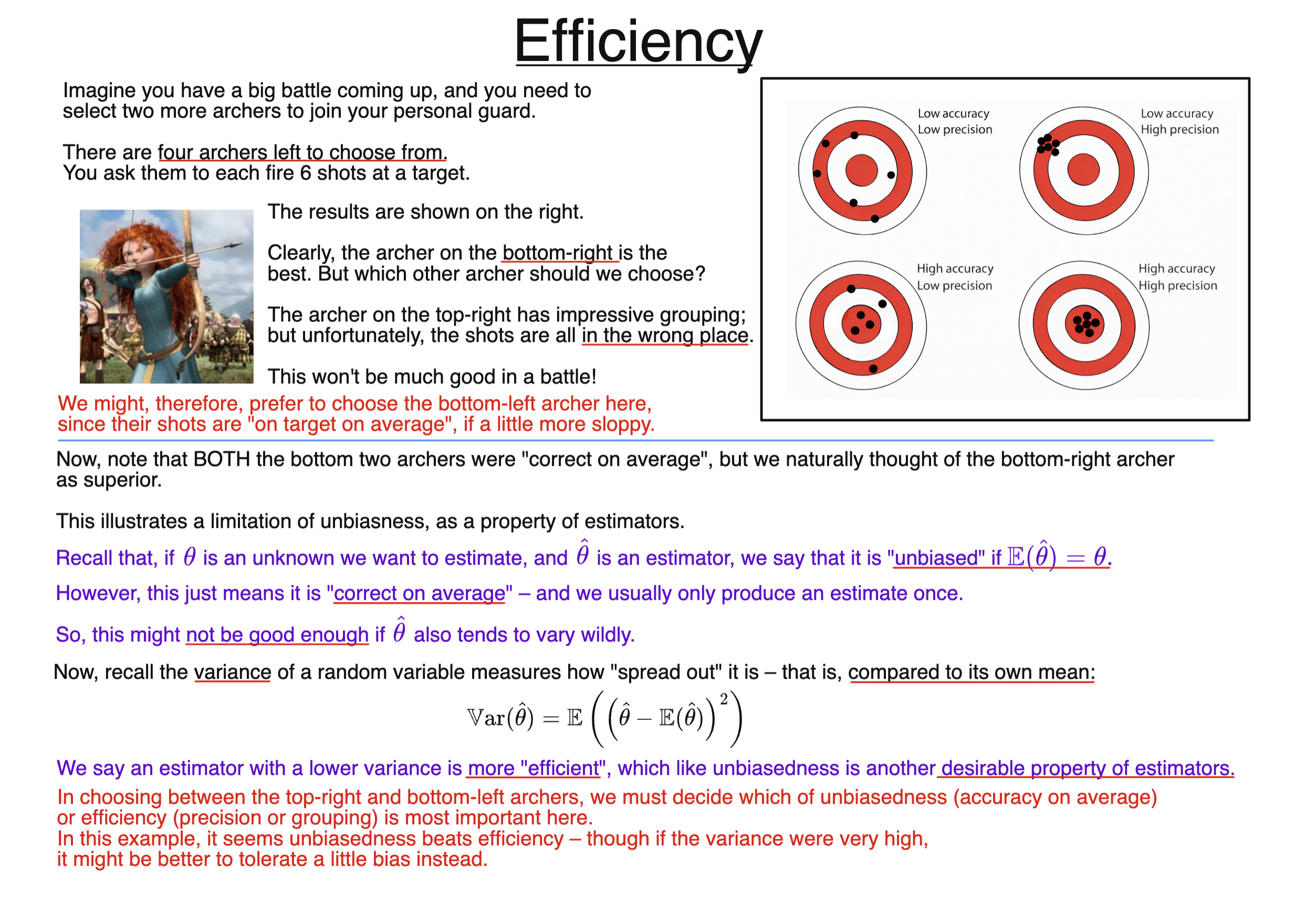 Slide explaining estimator efficiency using target practice analogy and variance comparison of sample mean versus single observation