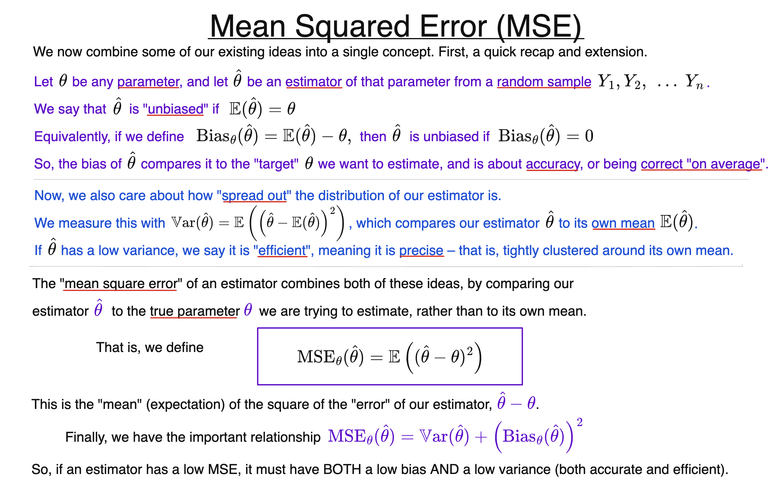 Slide explaining mean squared error, bias-variance decomposition, and why low MSE means accurate and precise estimators